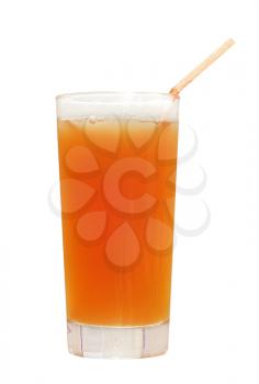 Orange juice glass with straw isolated on white background.