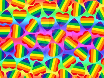 Multicolored hearts shape with gay pride flag inside as abstract background.