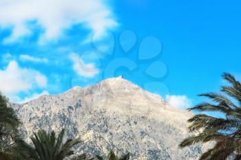 View of the Mount Tahtali on blue sky background.Kemer, Antalya Province, Turkey.
