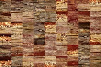 Wooden grunge texture collage in a chessboard order as abstract background.Toned image.