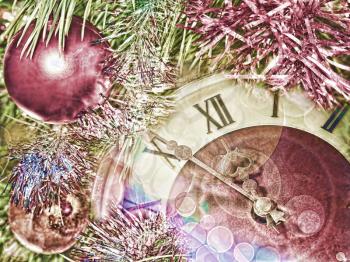 Eve of new year.Clock face and christmas balls.Toned image.