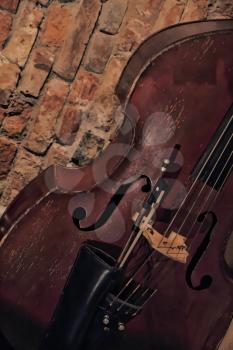 Contrabass in front of brick wall background.Toned image.