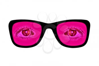Pink glasses with red eyes inside isolated on white  background.
