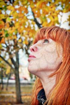 Dreamy red hair girl face with freckles on autumn foliage background. Digitally altered image.