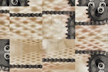 Collage of cogwheels and chain as technology background.Digitally altered image.