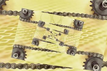 Collage of cogwheels and chain on grunge background with geometric pattern.Digitally altered image.