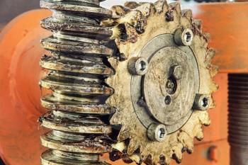 Gear wheel, cogs and screw of industry machine taken closeup.Toned image.