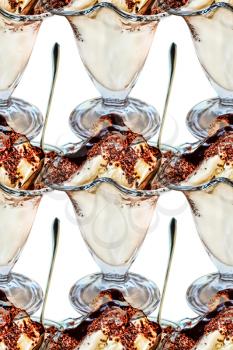 Collage of ice cream topped with chocolate syrup on white background taken closeup.