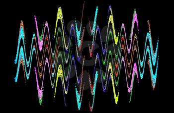 Multicolored abstract waveform pattern on black background.Digitally generated image.