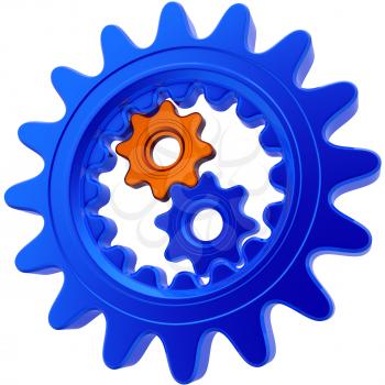 Two small gears inside of one big gear