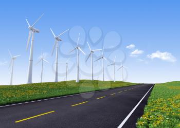 Wind turbines along road