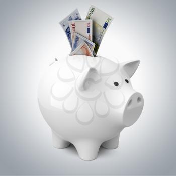 Piggy bank with a bank notes. Euro