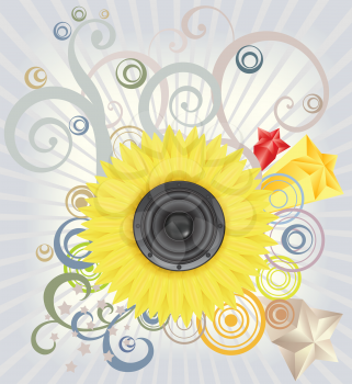 Loudspeaker as a center of a flower on abstract background.