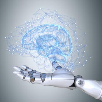 Robot hand holding virtual brain scheme
