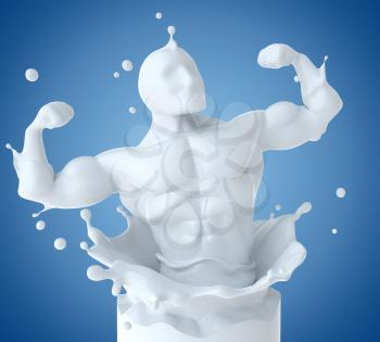 Splash of milk in form of athlete body. 3D illustration