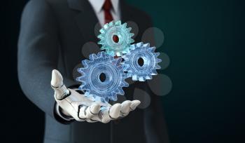 Robot in suit holding coghwheels in his hand.3D illustration