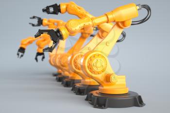 Industrial robot arms in a row. 3D illustration, 3D rendering