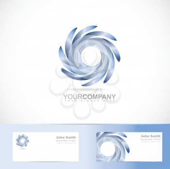 Vector logo template of blue swirl rotation blades abstract 3d sign with business card