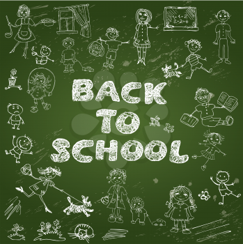 Chalkboard with green surface. Set of Kid's drawing - childish style picture and handwritten words BACK TO SCHOOL.