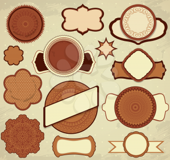 Vintage chocolate labels set in brown and beige colors with ornamental details, circle frames, borders, etc.