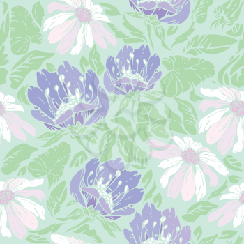 Floral Seamless Pattern with hand drawn flowers on light blue background. Ready to use as swatch.