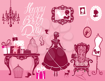 Princess Room with glamour accessories, furniture, cages, gift boxes, pictures. Princess girl and dog - silhouettes on pink background. Handwritten text Happy Birthday. Holiday card for girls.