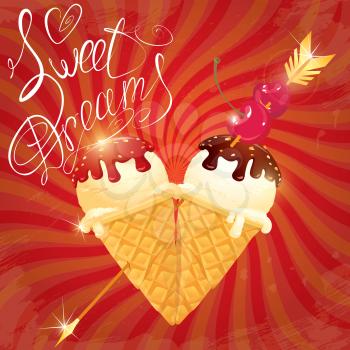 Vanilla Ice cream cones with Chocolate and strawberry glaze in heart shape with arrow and cherry on retro striped red background. Calligraphic text Sweet Dreams.