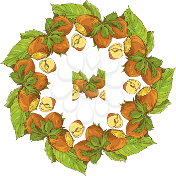 Circle ornament with highly detailed hand drawn hazelnuts isolated on white background. Pattern endless fragment. 