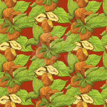 Seamless pattern with highly detailed handdrawn hazelnuts on brown background