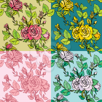 Set of seamless backgrounds - Floral Seamless Pattern with hand drawn flowers - roses. Ready to use as swatch