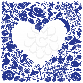 White background heart is surrounded of fishes, dolphins, shells, corals, meduses, seahorses