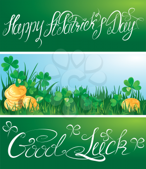 Set of 3 horizontal banners with calligraphic words Happy St. Patrick`s Day and Good Luck.  Shamrock and golden coin on blue sky background