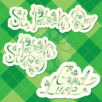 Set of St.Patrick day greeting with shamrocks and decorative text on dark green color background.