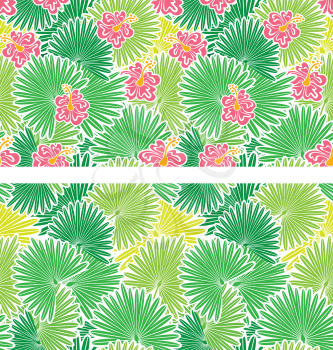Set of seamless patterns with palm trees leaves  and  Frangipani flowers.
