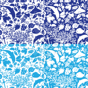 Set of seamless nautical patterns in blue colors with sea horses, fishes, sea stars, shells, dolphins, coral reef. 