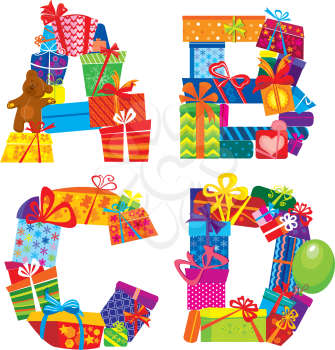 ABCD - english alphabet - letters are made of gift boxes and presents