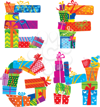 EFGH - english alphabet - letters are made of gift boxes and presents