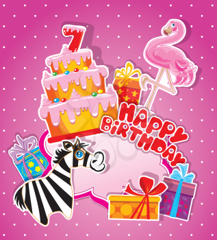Baby birthday card with flamingo and zebra, big cake and gift boxes. Seven years anniversary