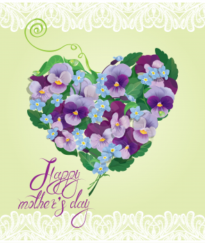 Heart shape is made of beautiful flowers - pansy and forget-me-not - floral background. Calligraphic text - Happy Mothers Day.
