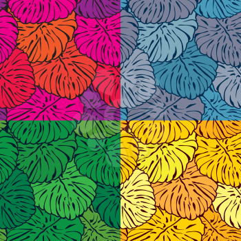 Set of seamless patterns with palm trees leaves in different colors.