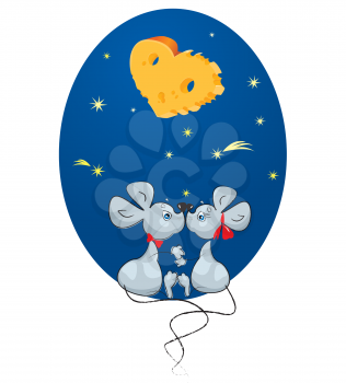 Valentine`s Day concept: cartoon of a Male Mouse and a Female Mouse on sky background with stars and moon-heart - shaped Cheese
