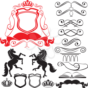 Set of heraldic silhouettes elements - icons of blazon, crown, vignette, scroll, book, column, horse, unicorn