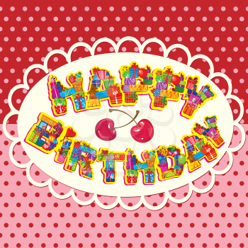 happy birthday, letters are made of different gift boxes and presents. Oval frame on polka dot background