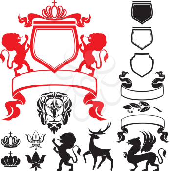 Set of heraldic silhouettes elements - lion, blazon, crown,  deer, griffin, scroll, fleur de lis