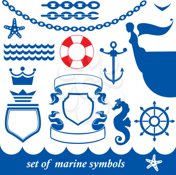 Set of marine elements - chain, anchor, crown, shield, wheel, noun, etc.