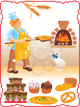 young red haired baker with white cat next to fire place and set of different bakery - bread, biscuit, cake, pizza, Easter cake.