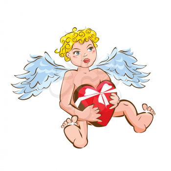 Funny angel with heart gift box. Sketch for Valentine`s Day Design.