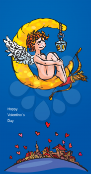  Postcard for Valentine`s Day with funny angel with bow and arrows on moon.