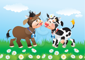 Cartoon kissing cows in love