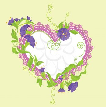 Convolvulus Flowers bouquet and lace heart - design for wedding invitation or Valentines Day card